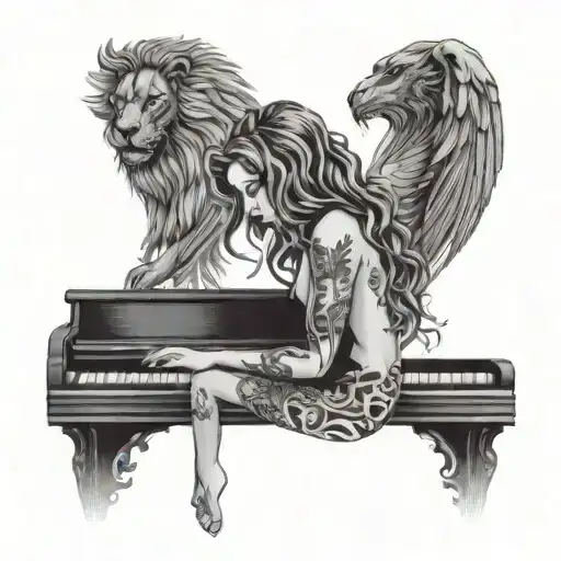 A woman with a lion head playing piano keys with devil and angel silhouettes in the background tattoo design idea