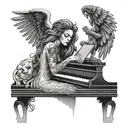 A woman with a lion head playing piano keys with devil and angel silhouettes in the background tattoo design idea