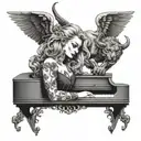 A woman with a lion head playing piano keys with devil and angel silhouettes in the background tattoo design idea
