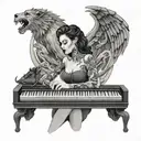 A woman with a lion head playing piano keys with devil and angel silhouettes in the background tattoo design idea