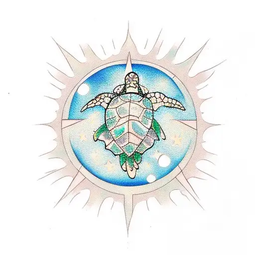 turtle with 3 stars, a sun and a fern tattoo design idea