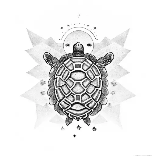 turtle with 3 stars, a sun and a fern tattoo design idea