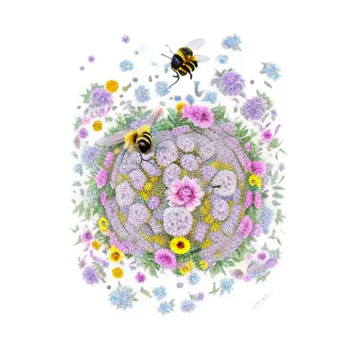 A realistic depiction of a beehive surrounded by vibrant flowers and buzzing bees tattoo design idea