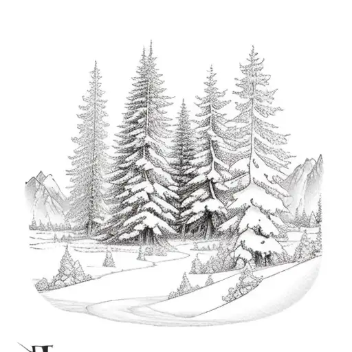 A majestic forest landscape with a hiking trail leading into the distance tattoo design idea