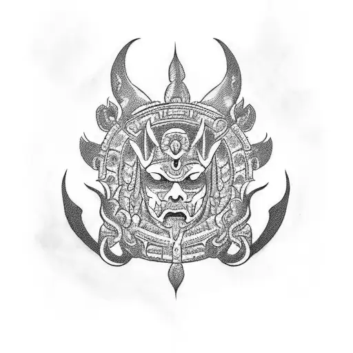 A blackwork tattoo of a Maya warrior with a dragon and jaguar motifs tattoo design idea