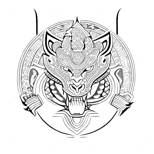 A blackwork tattoo of a Maya warrior with a dragon and jaguar motifs tattoo design idea