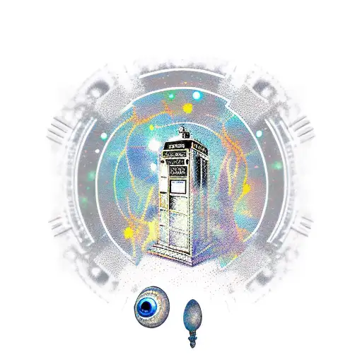hand sleeve space color background with doctor who, tardis, dalek black realism tattoo design idea
