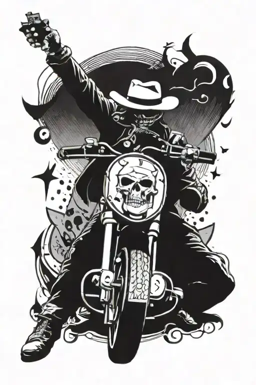 A cowboy riding a motorcycle through a graveyard, with a guitar and death-themed symbols scattered around tattoo design idea