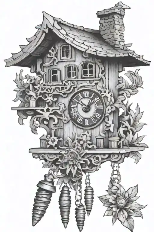 german cuckoo clock with edelweiss surrounding and a chimney roof with weights on the bottom and no birds.  tattoo design idea
