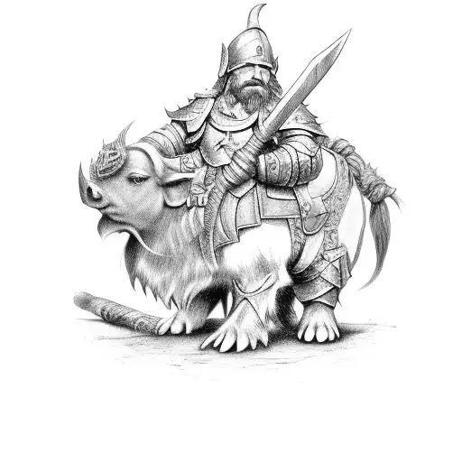 dwarf with axe mounted on boar with armor tattoo design idea