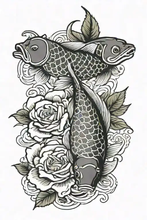 roses and carp fish tattoo design idea