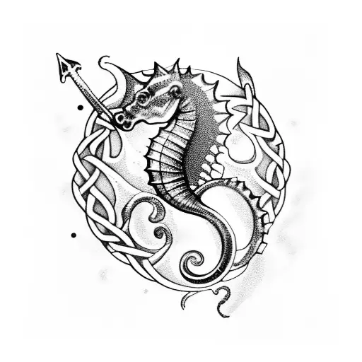 A Celtic-inspired seahorse swimming through a mystical underwater mountain range tattoo design idea