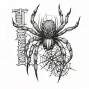 Spider with a word "Nifemi" written vertically down the middle of the spider  tattoo design idea