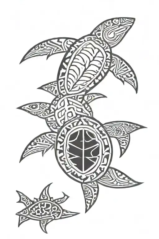 make a hawaiian/ poly design featuring turtle shells, shark teeth, triangles, spear heads, and sTL logo tattoo design idea
