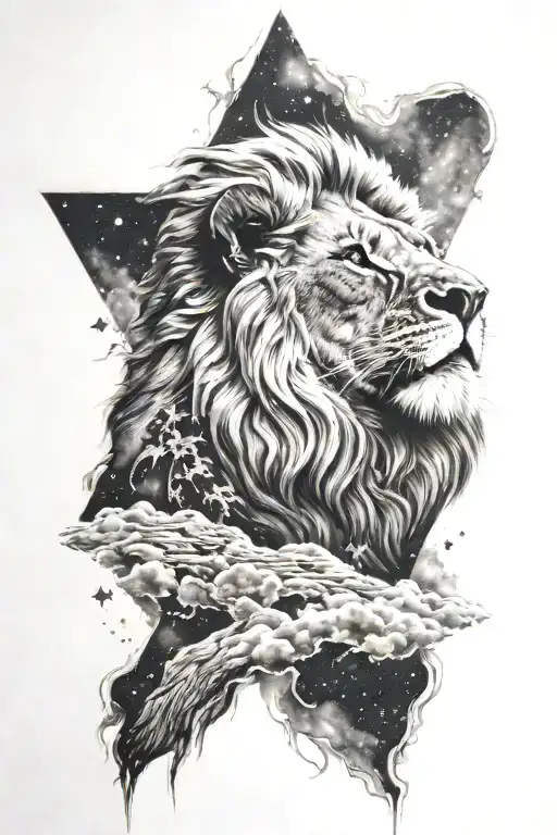 Photo realistic, lion tattoo in the night sky filled tattoo design idea