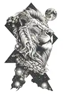 Photo realistic, lion tattoo in the night sky filled tattoo design idea
