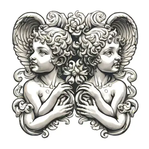 Neotraditional cherubs with adult faces, one cherub peeing in the other cherubs mouth golden shower tattoo design idea