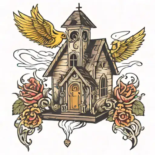 burning church birdhouse  tattoo design idea