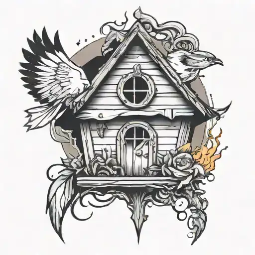 church birdhouse on fire tattoo design idea