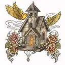 burning church birdhouse  tattoo design idea