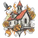 burning church birdhouse  tattoo design idea