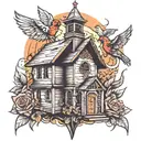 burning church birdhouse  tattoo design idea