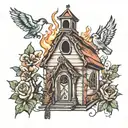 burning church birdhouse  tattoo design idea