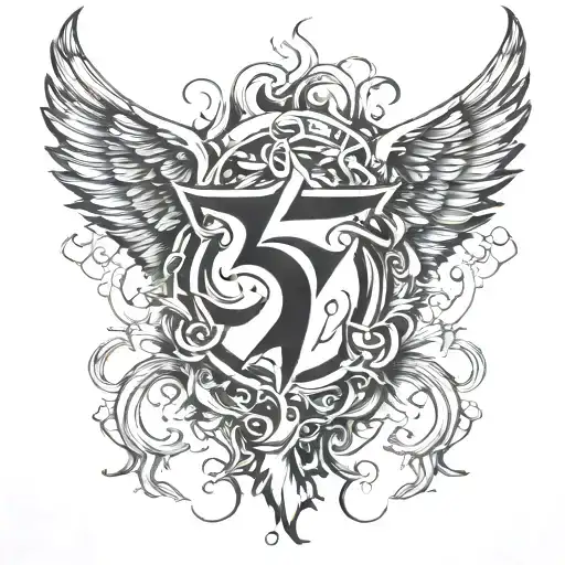 Number 5 with a Triple Cross and Horns Wings tattoo design idea