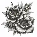 birth flower bouquet tied together (May, December, July, May, August) tattoo design idea