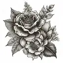 birth flower bouquet tied together (May, December, July, May, August) tattoo design idea
