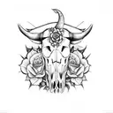 cow skull with roses and Aztec calendar tattoo design idea