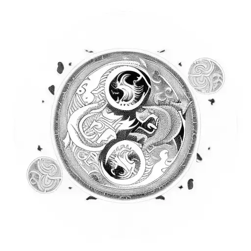 A yin and yang symbol with a dragon on one side and a wolf on the other, surrounded by celestial elements representing God tattoo design idea