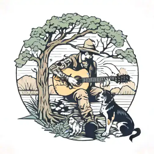 person playing guitar under a tree with a dog next to him tattoo design idea