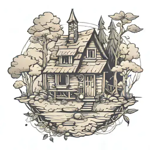 hut in the woods tattoo design idea