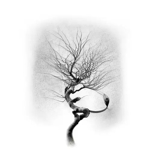 A realistic black and white tattoo of a Japanese maple tree with a hidden mantis tattoo design idea