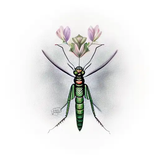 A realistic portrait of a mantis surrounded by vibrant botanic elements tattoo design idea