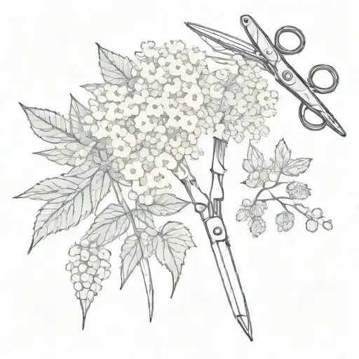 scissors, meadowsweet flowers are depicted on the blades tattoo design idea