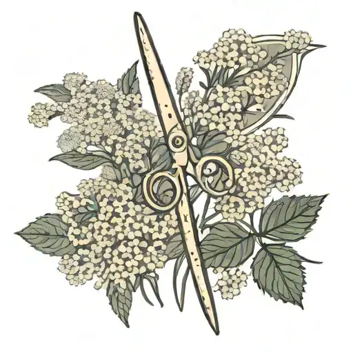 scissors, meadowsweet flowers are depicted on the blades tattoo design idea