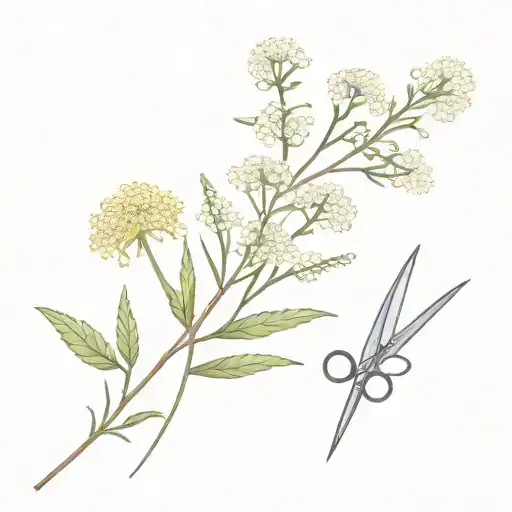 scissors, meadowsweet flowers are depicted on the blades tattoo design idea