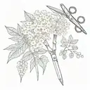 scissors, meadowsweet flowers are depicted on the blades tattoo design idea
