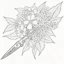 scissors, meadowsweet flowers are depicted on the blades tattoo design idea