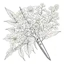 scissors, meadowsweet flowers are depicted on the blades tattoo design idea