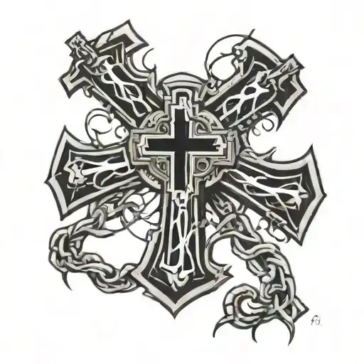 barb wire, , catholic cross, black and white tattoo design idea