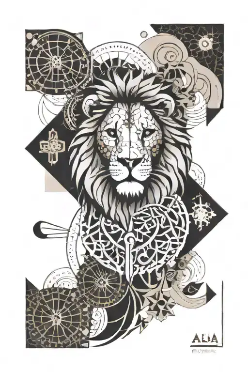 A geometric tattoo design of a lion (aslan) with intricate patterns inspired by Galatasaray colors and symbols, surrounded by elements representing family (aile) and Istanbul landmarks tattoo design idea