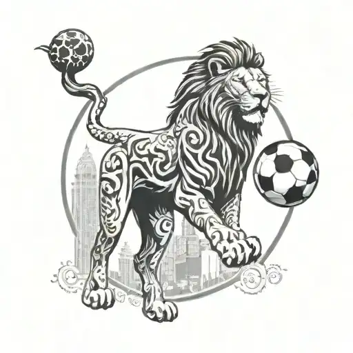 A dynamic tattoo design featuring a roaring lion (aslan) wearing a Galatasaray jersey kicking a soccer ball, surrounded by elements representing family (aile), with the backdrop of the Istanbul skyline tattoo design idea