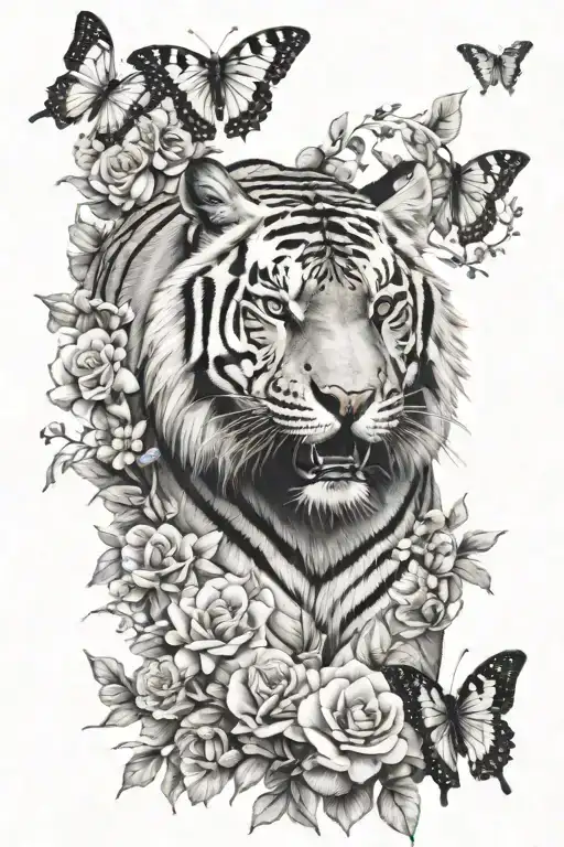 feminine black and white nature themed tattoo sleeve with a tiger and butterflies  tattoo design idea