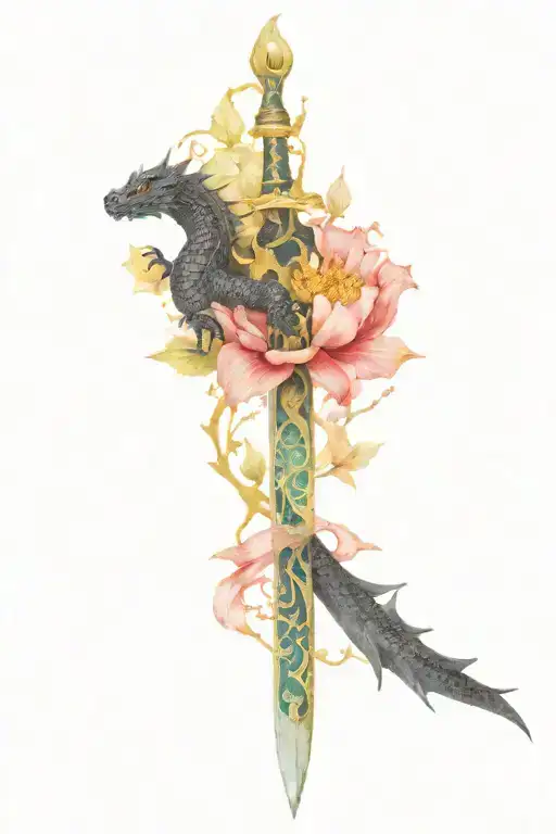 Black Dragon with kintsugi design scales wrapped around an intricate sword with a smeraldo flower in the back  tattoo design idea