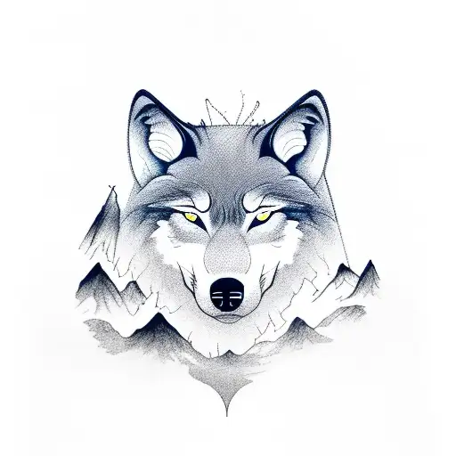 A mesmerizing black and grey tattoo of a wolf standing on top of a mountain range, with a volcano erupting in the distance, symbolizing the client's connection with nature and their entrepreneurial spirit. tattoo design idea