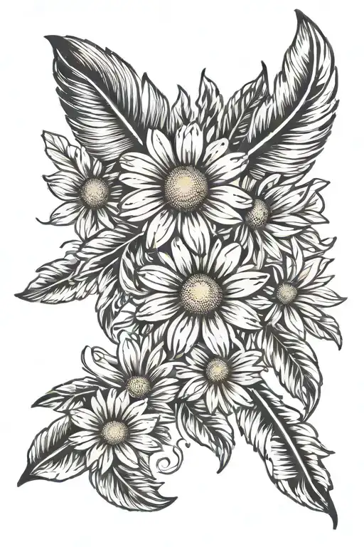 daisy and 2 feathers falling tattoo design idea