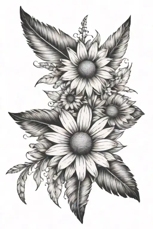 daisy and 2 feathers falling tattoo design idea